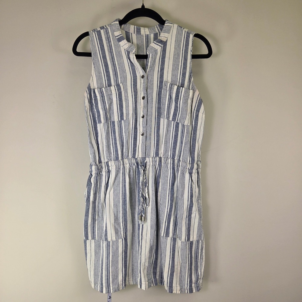 Blue White Striped Sleeveless Shirt Dress Drawstring Waist Pockets 4946 - Picture 1 of 6
